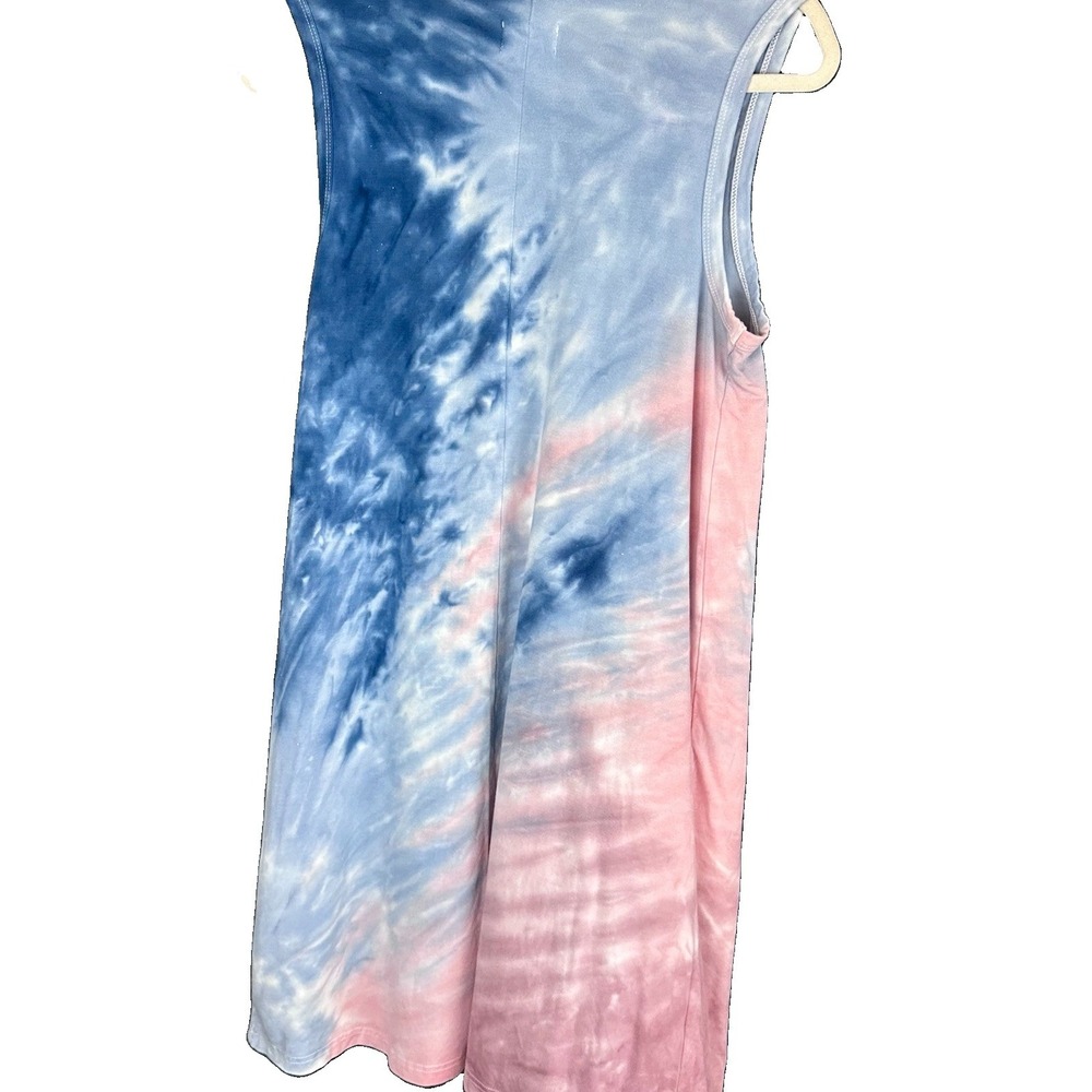 Women's L Blue Pink White Tie Dye Scoop Neck Sleeveless Tank Dress Knee Length